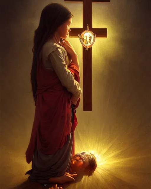 Image similar to poor hungry kid praying to a cross, emotional sad painting, very poor, cross, christianity, fantasy, cruel, dramatic lighting, intricate, wild, highly detailed, digital painting, artstation, concept art, smooth, sharp focus, illustration, art by artgerm and greg rutkowski and alphonse mucha