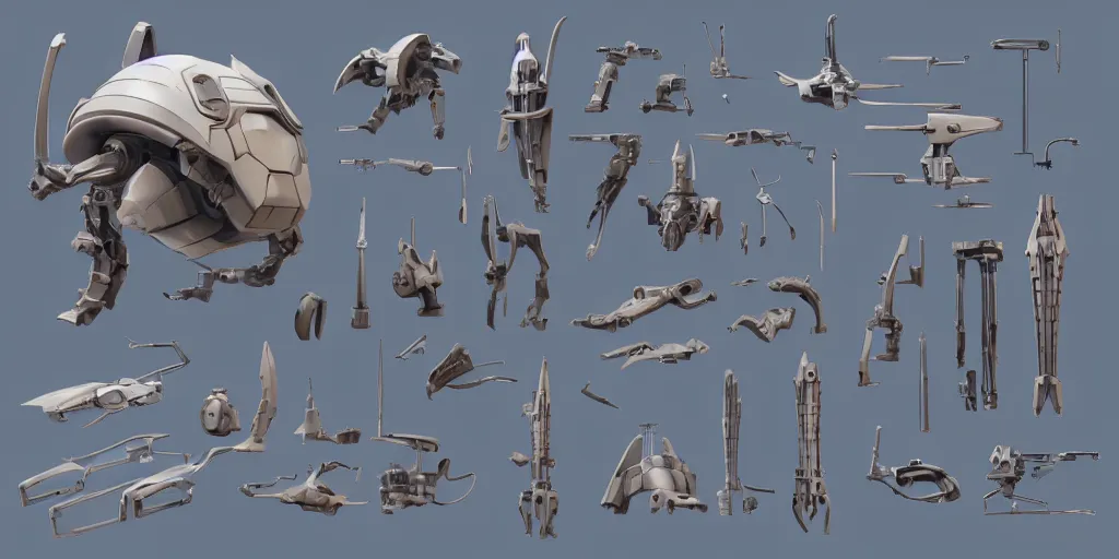 Prompt: collection of futuristic sci - fi props and gadget moebius items hard surface kitbash parts shape and form in watercolor gou