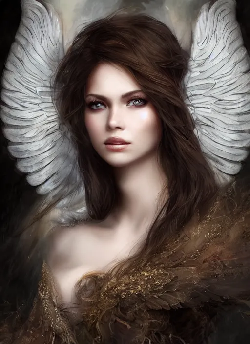 Image similar to a beautiful woman angel big wings, 8 k, sensual, hyperrealistic, high resolution, uhd, hyperdetailed, beautiful face, long hair windy, dark fantasy, fantasy portrait by laura sava