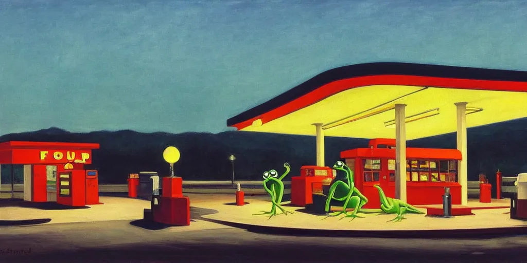 Image similar to painting by edward hopper, gas station at dusk, 1 9 4 0, kermit the frog is robbing the gas station