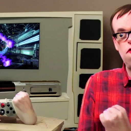 Image similar to angry video game nerd destroying and smashing consoles