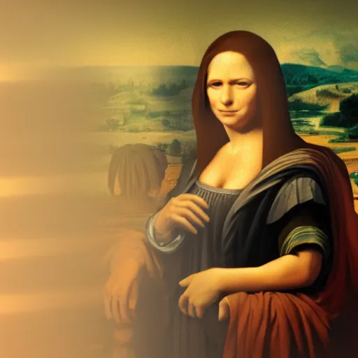 Image similar to Donald trump as Mina Lisa, realistic artstyle, wide shot, dramatic lighting, octane render, hyperrealistic, high quality, highly detailed, HD, beautiful, cinematic, 8k, unreal engine, facial accuracy, symmetrical