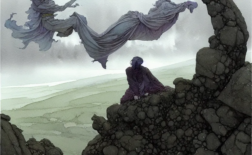 Image similar to a hyperrealist watercolour character concept art portrait of a giant grey stone levitating in the air. it is a misty night on the moors of ireland. by rebecca guay, michael kaluta, charles vess and jean moebius giraud