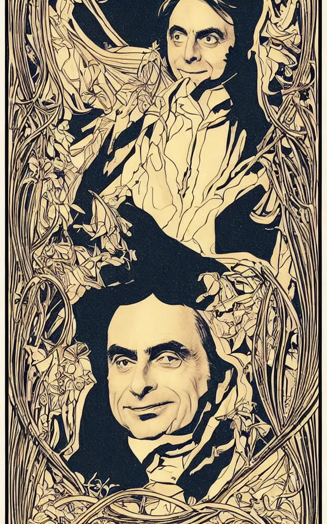 Prompt: carl sagan, in art Nouveau style.