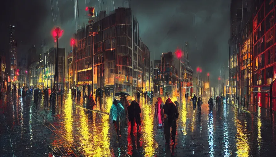 Image similar to rotterdam at rainy night, neons, lights, wet ground, people with umbrellas, hyperdetailed, artstation, cgsociety, 8 k