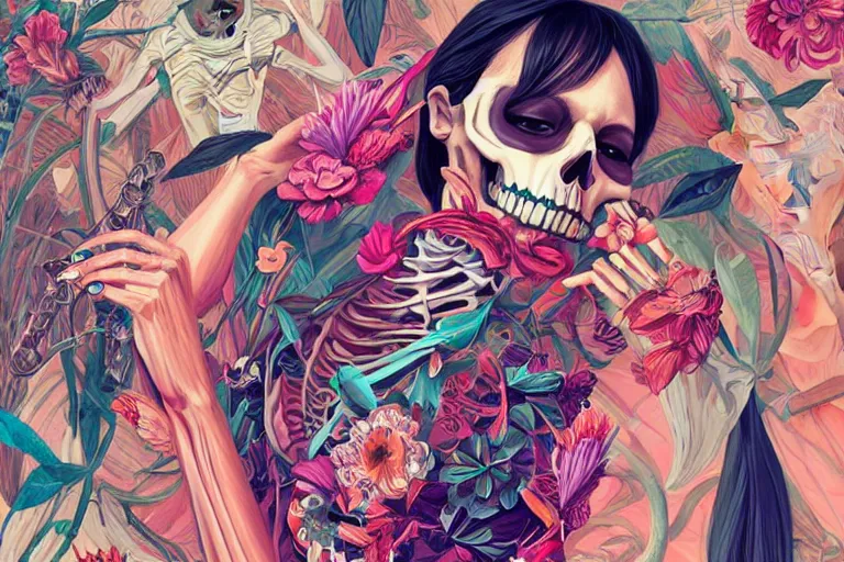 Prompt: skeleton fashion show, victoria's secret, tristan eaton, victo ngai, artgerm, rhads, ross draws