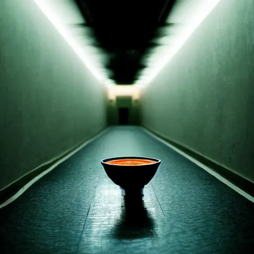 Image similar to a bowl of soup in an empty hotel hallway, mysterious, dark, cosmic, ethereal, mystical, neon lit
