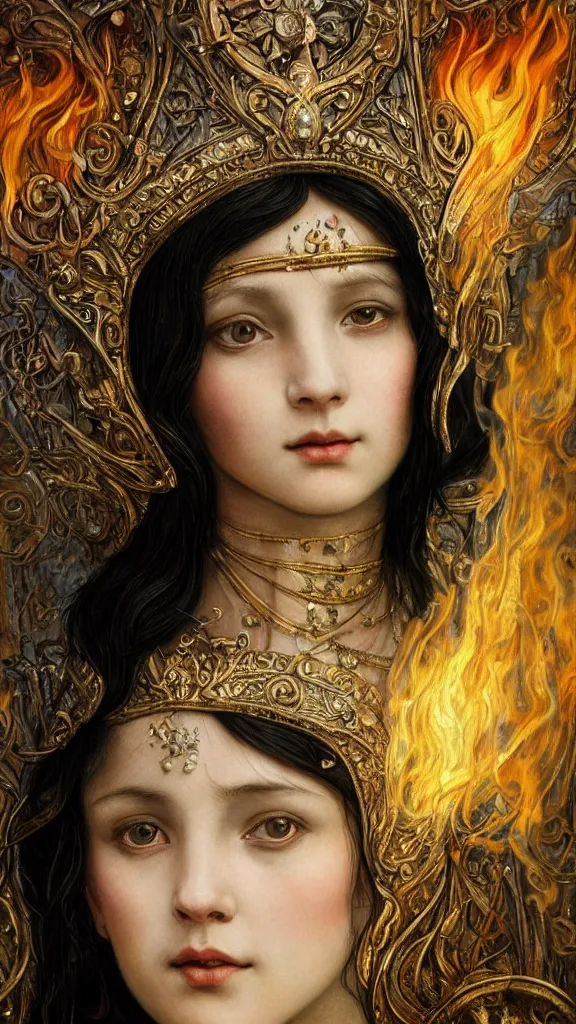 Prompt: breathtaking detailed soft close up painting of one girl with black hair looking at the viewer, gauze dress of fireflies and art nouveau crown of embers, viking culture, rembrandt style, detailed art nouveau stained glass of flames, christian saint rosace, elegant, highly detailed, artstation, concept art, matte, sharp focus, art by Tom Bagshaw, Artgerm and Greg Rutkowski