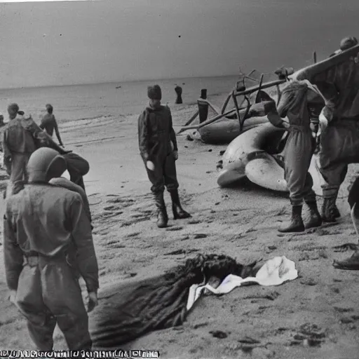 Image similar to 1940s photo, long shot, German soldiers examine yellow chemical protective suits on a giant creature washed up on a beach.