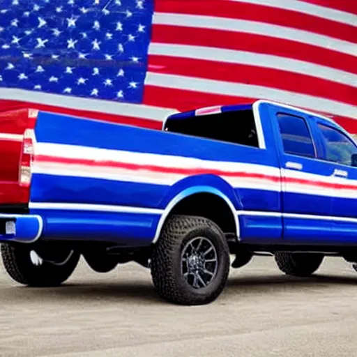 Prompt: photo of big blue biden pickup trucks with american flags on them. biden is written on the side of the truck.