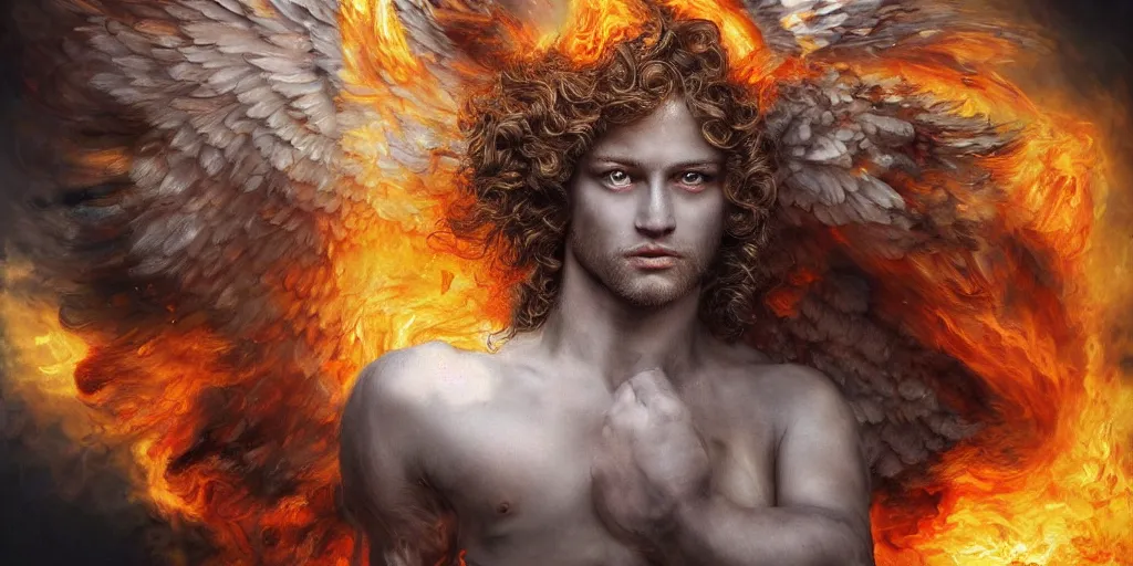 Image similar to oil painting of a wrathful archangel Michael with fluffy blond curls of hair and piercing eyes, with scintillating holy radiance and luminous eyes, against a hellish flaming battlefield and a lot of smoke, darkart, hyperdetailed, hyperealistic, cinematography, 16k, 3D, Artstation, Deviantart, very beautiful