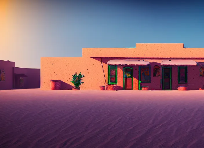 Image similar to realistic exterior photo of a mexican restaurant, vaporwave, in a flat barren desert. sandstorm, 15mm. Very detailed 8k. Sharp. Cinematic post-processing. Unreal engine. Nanite. Ray tracing. Parallax. Tessellation