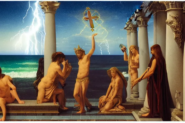 Image similar to Occult spirit on front of balustrade and palace columns, refracted lightnings on the ocean, thunderstorm, tarot cards characters, beach and Tropical vegetation on the background major arcana sky and occult symbols, by paul delaroche, hyperrealistic 4k uhd, award-winning, very detailed paradise