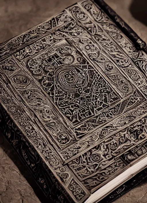 Image similar to an ancient ornate intricate old tome spell book with the sigil symbol of an eye emblazoned on the cover, cinematic, realistic, intricate detail, finely detailed, small details, extra detail, photorealistic, high resolution, 3D, PBR, path tracing, volumetric lighting, octane render, arnold render, 8k