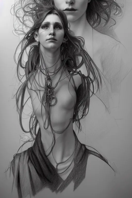 Prompt: hyperrealist pencil sketch of a cyberpunk woman david malan and alphonse mucha, fantasy art, drawing, dynamic lighting, artstation, poster, volumetric lighting, very detailed faces, 4 k, award winning