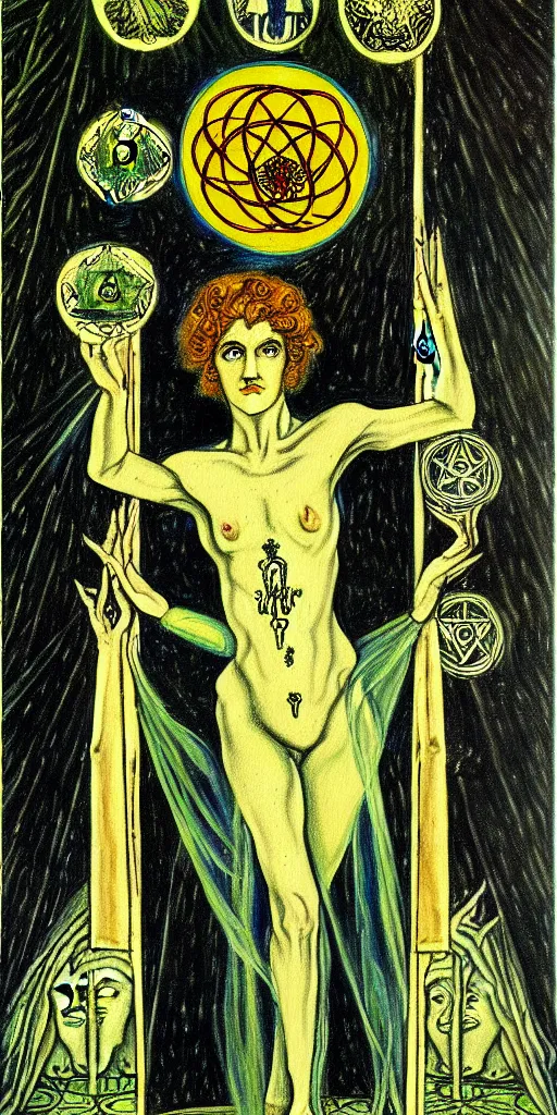 Prompt: a painting of the queen of pentacles tarot card by austin osman spare