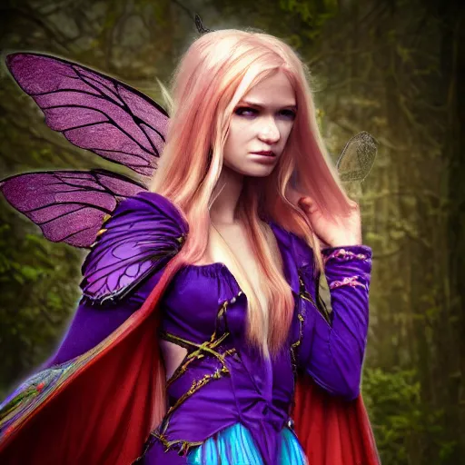 Image similar to a beautiful female human warlock portrait, focus on face, sharply focussed, brightly colored, dress, long blonde hair, fairy, fae, fantasy, medieval, still, photograph, highly detailed, trending on artstation