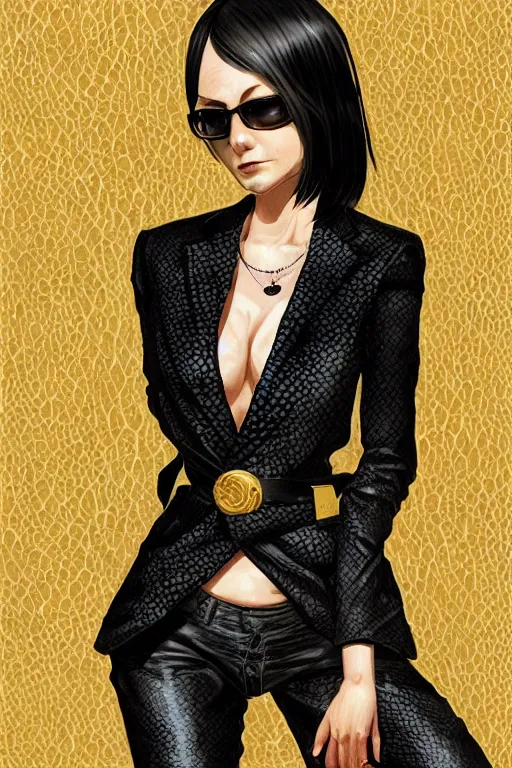 Image similar to yakuza slim girl, gold suit jacket in snake print, jacket over bare torso, yakuza tattoo on body, black short curtain haircut, black leather pants with black belt, portrait, elegant, 2d, ultra highly detailed, digital painting, smooth, sharp focus, artstation, art by Ilya Kuvshinov, rossdraws