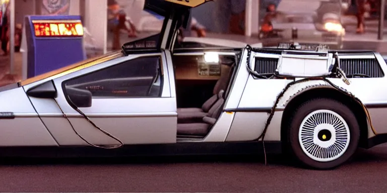 Image similar to Photoreal Cinematography of a photorealistic Delorean Time Machine From Back To The Future Parked in Twin Pines Mall in 1985 with one door open