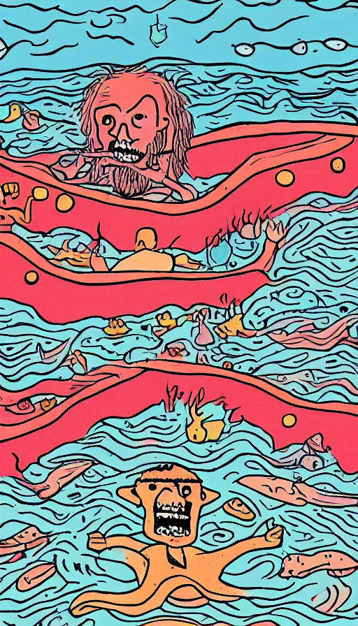 Prompt: man on boat crossing a body of water in hell with creatures in the water, sea of souls, by allie brosh