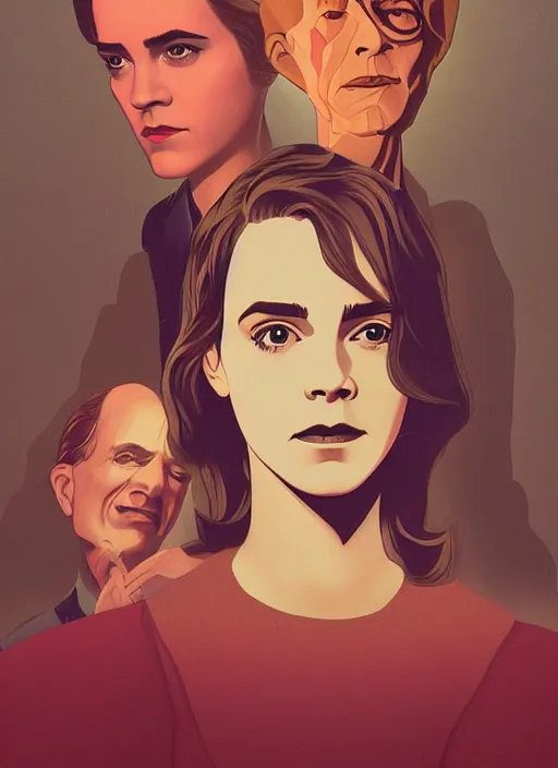 Image similar to Twin Peaks movie poster artwork by Michael Whelan and Tomer Hanuka, Rendering of Emma Watson & Kiernan Shipka meeting David Bowie the god spirit, from a scene from Twin Peaks, clean, full of detail, Matte painting, trending on artstation and unreal engine