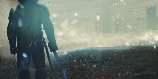 Prompt: The dark paladin with a heated sword in his hand and a burning flame with a sword in the rain. cinematic shot from back, realistic, 4K,