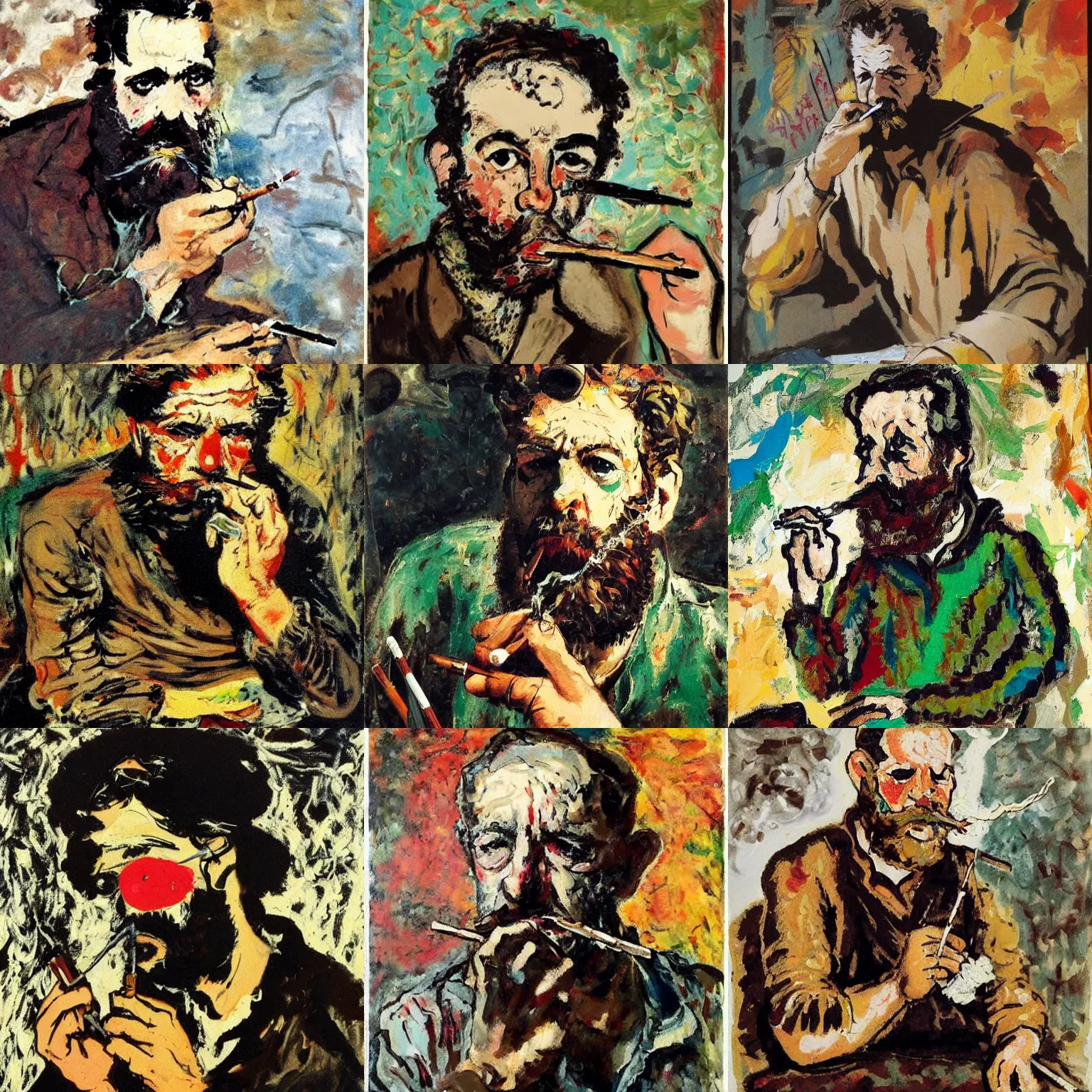Prompt: Jackson Pollock painting of a writer with a beard sitting, he is smoking a cigarette, he is wearing a brown sweater, highly detailed, realistic