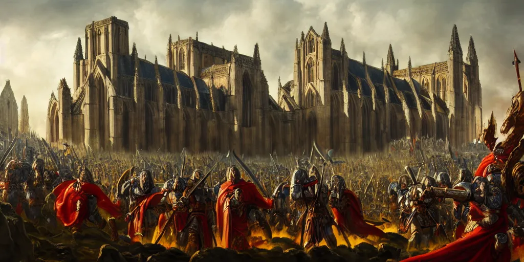 Image similar to highly detailed portrait painting of an ancient gods war battle, abbey warhammer battle, old abbey in the background, character in the foreground, cathedrals, giant columns, arcane magic summoning by liang xing, 8 k resolution