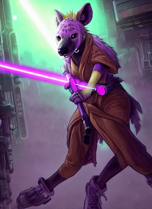 Image similar to character portrait of a female anthro hyena fursona wearing jedi robes wielding an purple lightsaber in a cyberpunk city at night while it rains. hidari, color page, tankoban, 4K, tone mapping, Akihiko Yoshida.