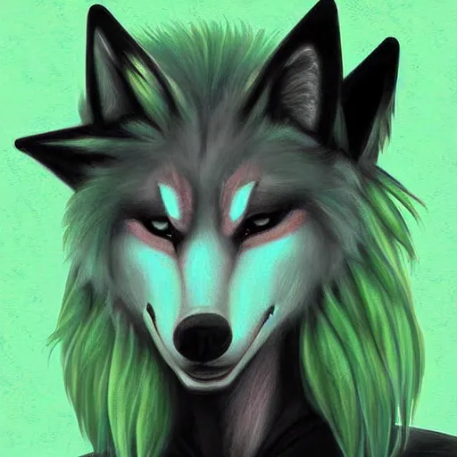 Image similar to Beautiful digital painting, oil painting, anthro anthropomorphic pastel-green androgynous wolf, Punk outfit. lake