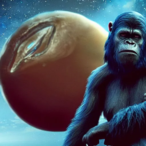 Image similar to film still of the 2 0 1 2 science fiction movie'apes in outer space '.