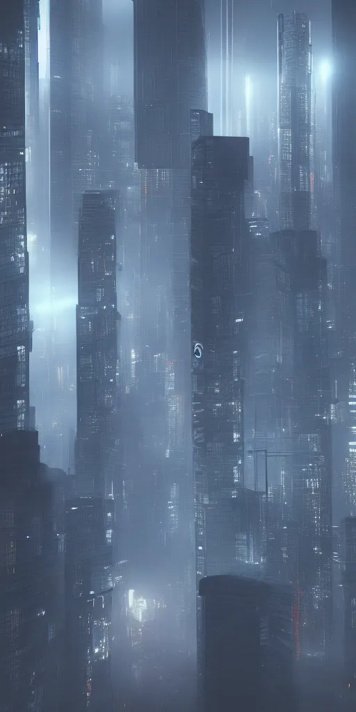 Prompt: Large cyberpunk skyscraper, octane render, foggy atmosphere, style of bladerunner