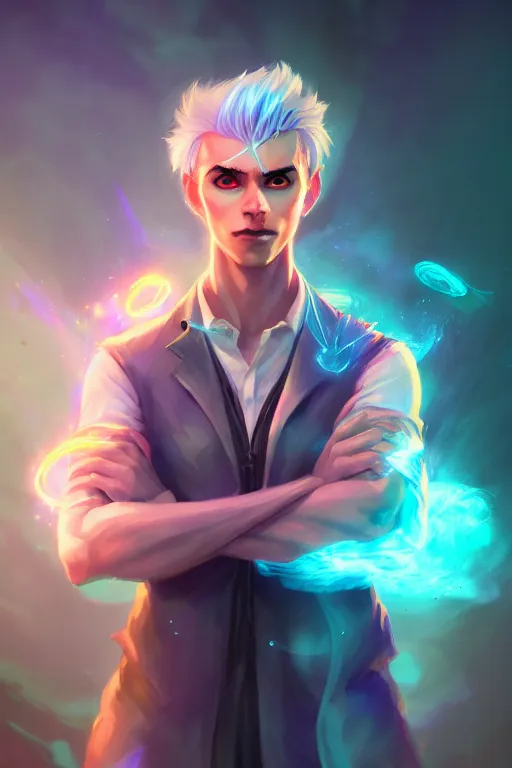 Image similar to a human elemental sorcerer, forest environment background, colorful magic effects, white skin, portrait, male, clothed, sharp focus, digital art, concept art, trending on artstation, dynamic lighting, by emylie boivin and rossdraws