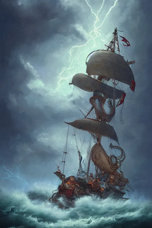 Image similar to mid shot portrait of an obese fat pirate with two peglegs and two hook hands steering a wooden galleon through a rain and lightning storm. view from on deck, sails and masts and rigging, detailed dynamic light painting by peter mohrbacher