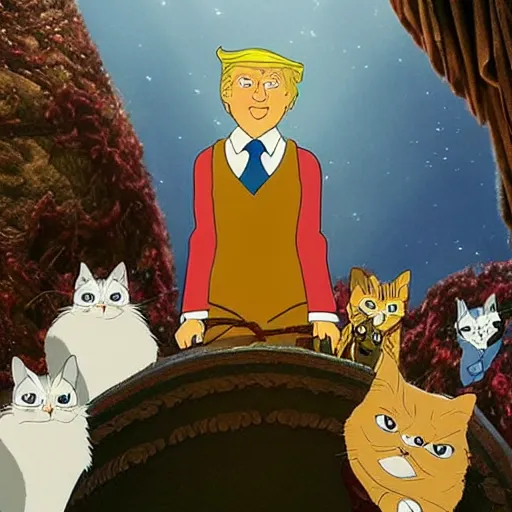 Image similar to donald trump ascending to the heaviside layer in the movie cats, by studio ghibli, hyper - detailed