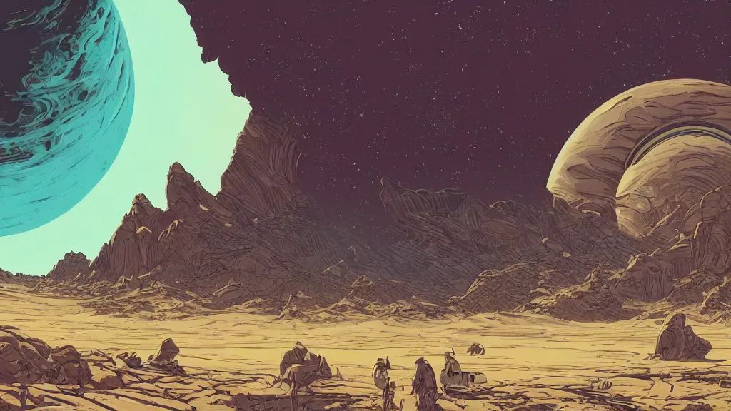 Image similar to very detailed, prophet graphic novel, ilya kuvshinov, mcbess, rutkowski, simon roy, illustration of a large vault door on a desert planet, wide shot, colorful, deep shadows, astrophotography