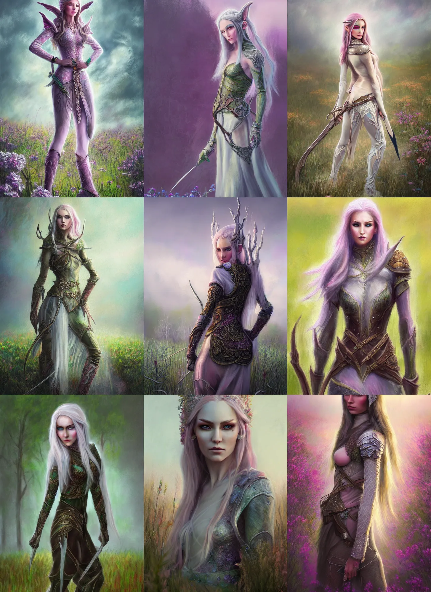 Prompt: a soft focus pastel canvas painting of beautiful full body concept art, beautiful face, elven female rogue wearing full intricate clothing standing in a field, dystopian, HDR, micro detail