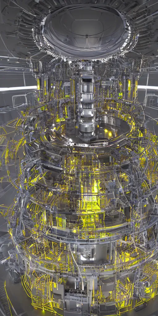 Prompt: reactor of controllable nuclear fusion power station in operation, high energy particle flow, glow, 8 k.