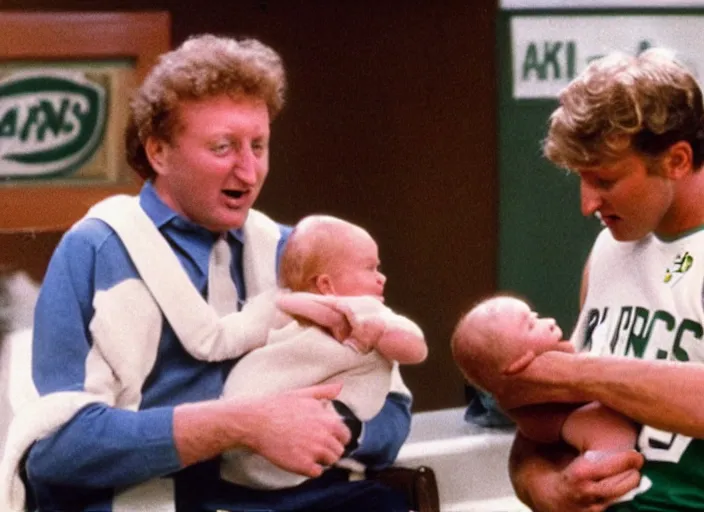 Image similar to film still of Larry Bird holding a baby in the new Three Men and a Baby movie, 8k