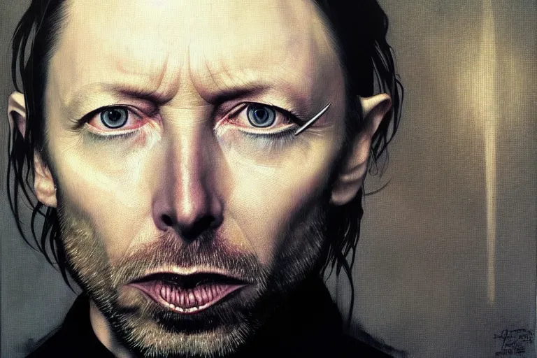 Image similar to hyper realistic portrait of thom yorke mixed with david bowie, bigger forehead, bigger chin, from the side, by lee bermejo, alphonse mucha and greg rutkowski