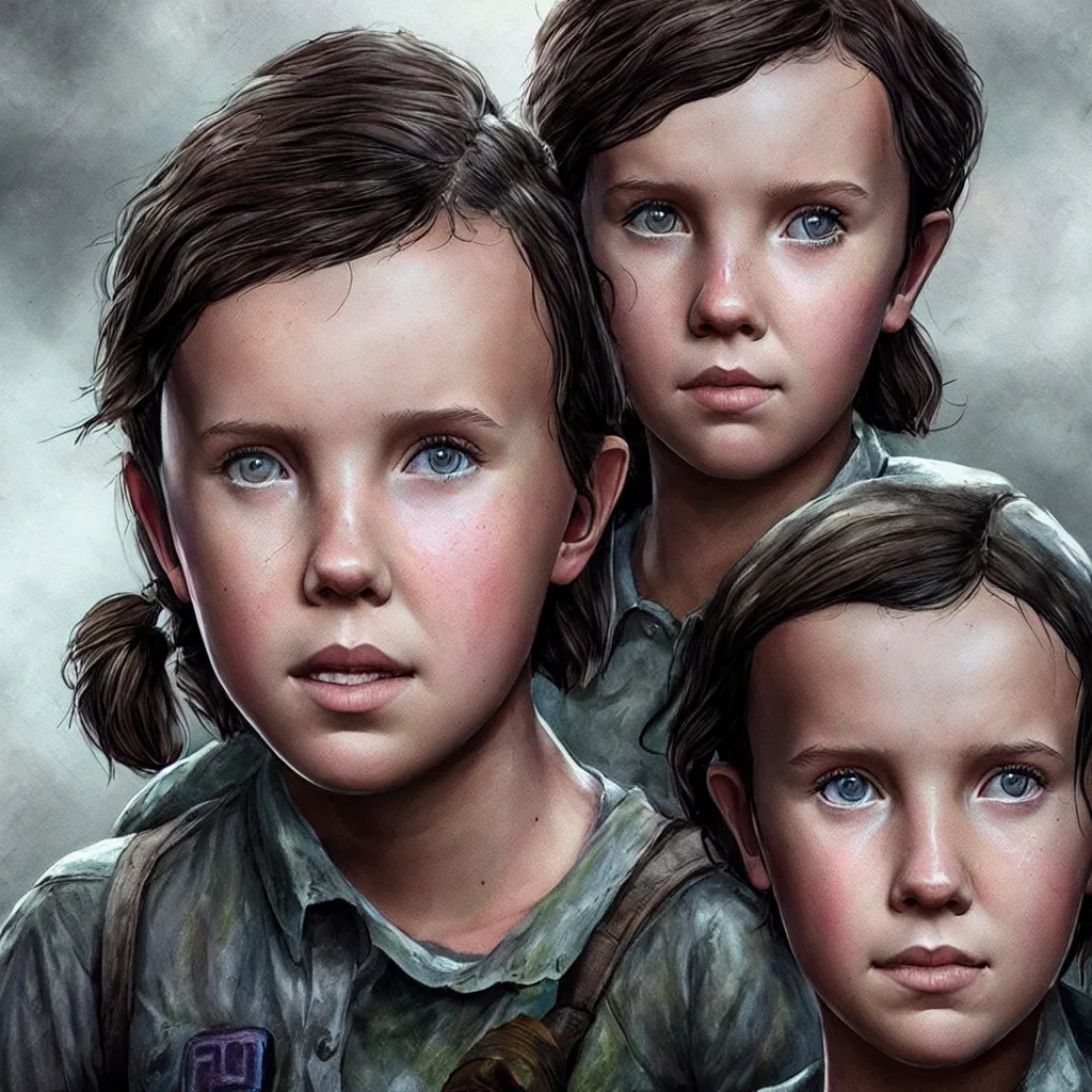 Image similar to millie bobby brown as ellie from the last of us 2, character concept art, hyperrealistic, detailed, accurate illustration, dramatic lighting