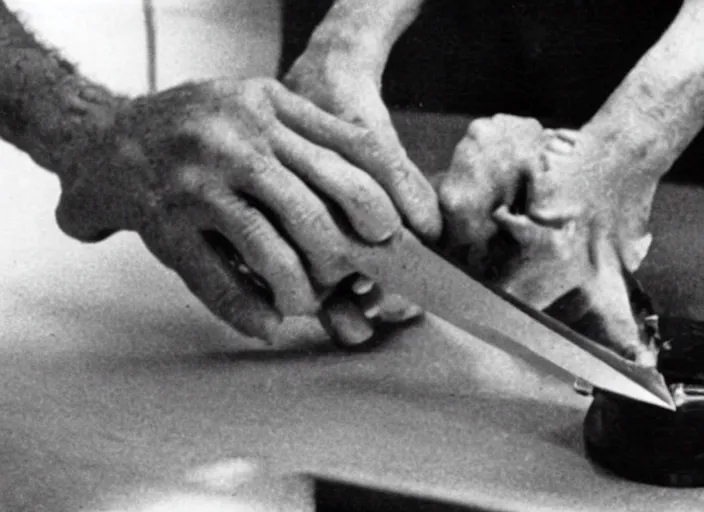 Prompt: disturbing 1 9 8 0 photography of a hand being cut off like a carrot horror film practical fx directed by david cronenberg and ridley scott