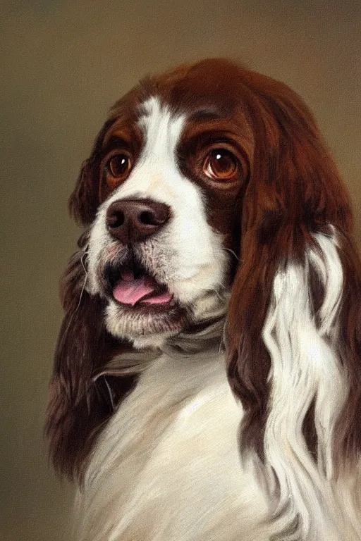 Image similar to a painted portrait of a springer spaniel with brown fur, no white fur, wearing a sea captain's uniform and hat, sea in background, oil painting by thomas gainsborough, elegant, highly detailed, anthro, anthropomorphic dog, epic fantasy art, trending on artstation, photorealistic, photoshop, behance winner