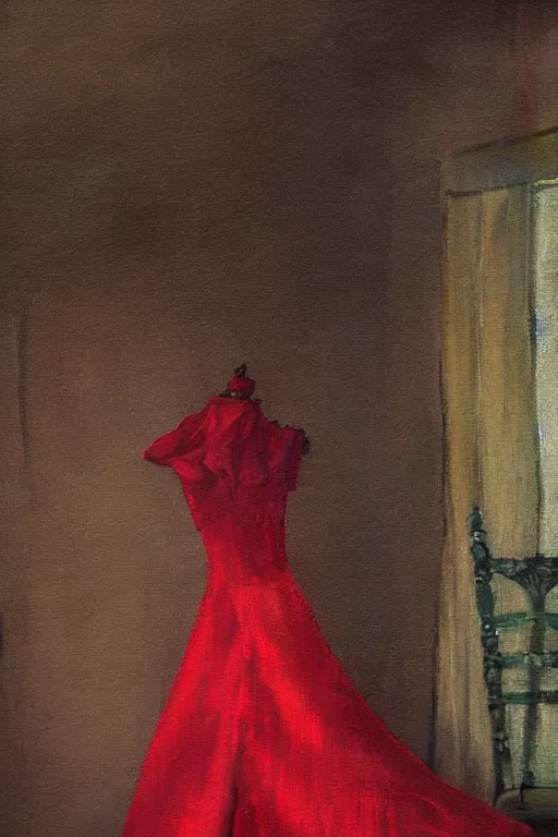 Prompt: an empty red dress laid across a chair in a dark victorian era room. in the style of american impressionism painting. triadic color scheme