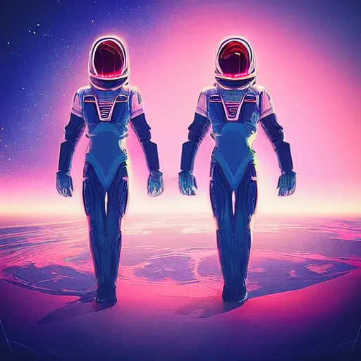 Prompt: “new cosmos frontiers, two people in futuristic spacesuits one of them pointing to the horizon, vaporwave style highly motivating, high details, top ArtStation”