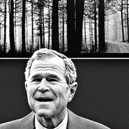 Image similar to George Bush on a cctv camera, late at night in the woods, black and white, blurry footage