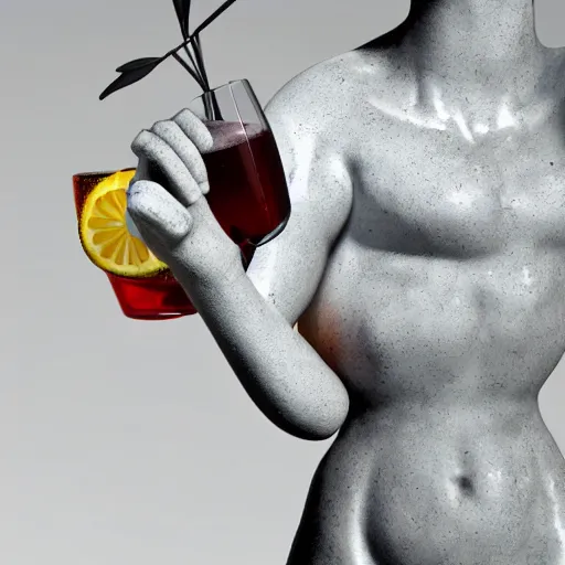 Image similar to close - up of white reneissance statue holding a coctail, colorful coctail, digital painting, 3 d render, above the waist