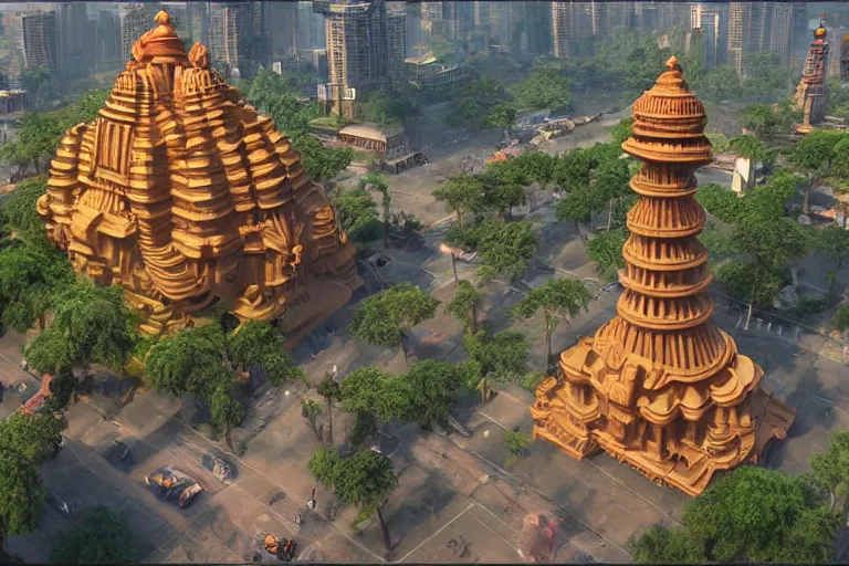 Image similar to high quality 3 d dreamscape! mumbai with biomorphic hanuman head building, kalighat highly detailed, unreal engine cinematic smooth, stephen shore & john j. park, soft morning light, wide shot, high angle, uhd 8 k, deep focus