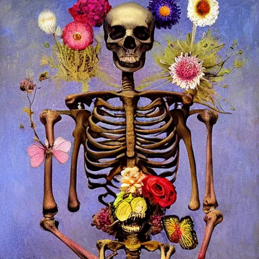 Image similar to 'Life from death' A beautiful detailed aesthetic horror full body painting depicting 'A skeleton with plants and flowers growing all over it, birds and bees flying all around it' by Odilon Redon and giuseppe arcimboldo, Trending on cgsociety artstation, 8k, masterpiece, cinematic lighting.