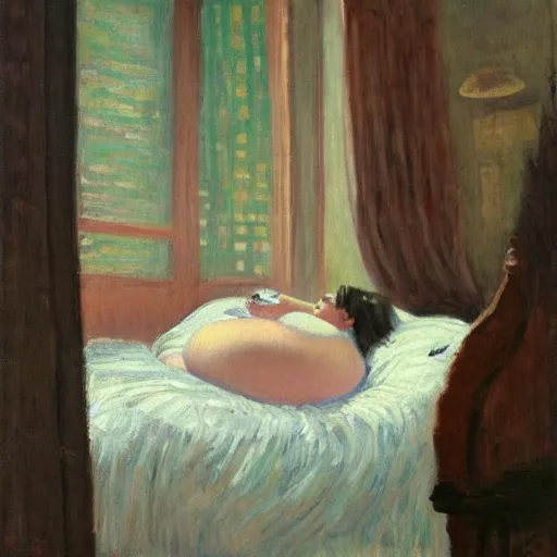 Image similar to a painting of a beautiful fat woman drinking coffee in a bed with white sheets in the style of Monet